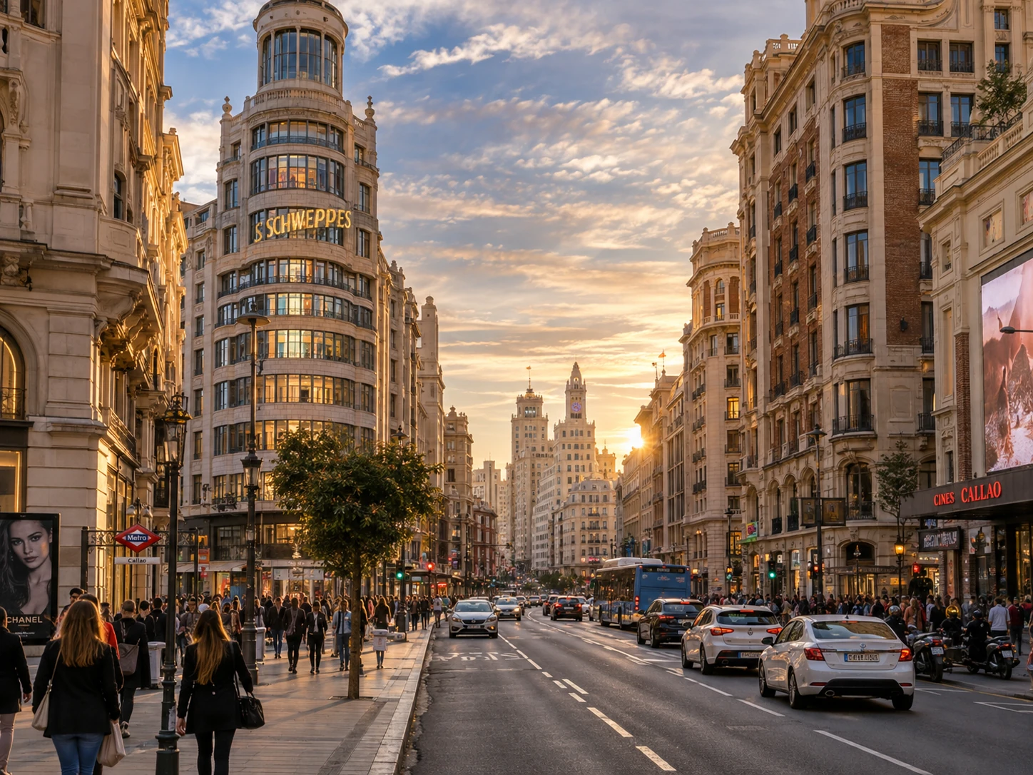 Gran Vía y Callao al atardecer en el centro de Madrid